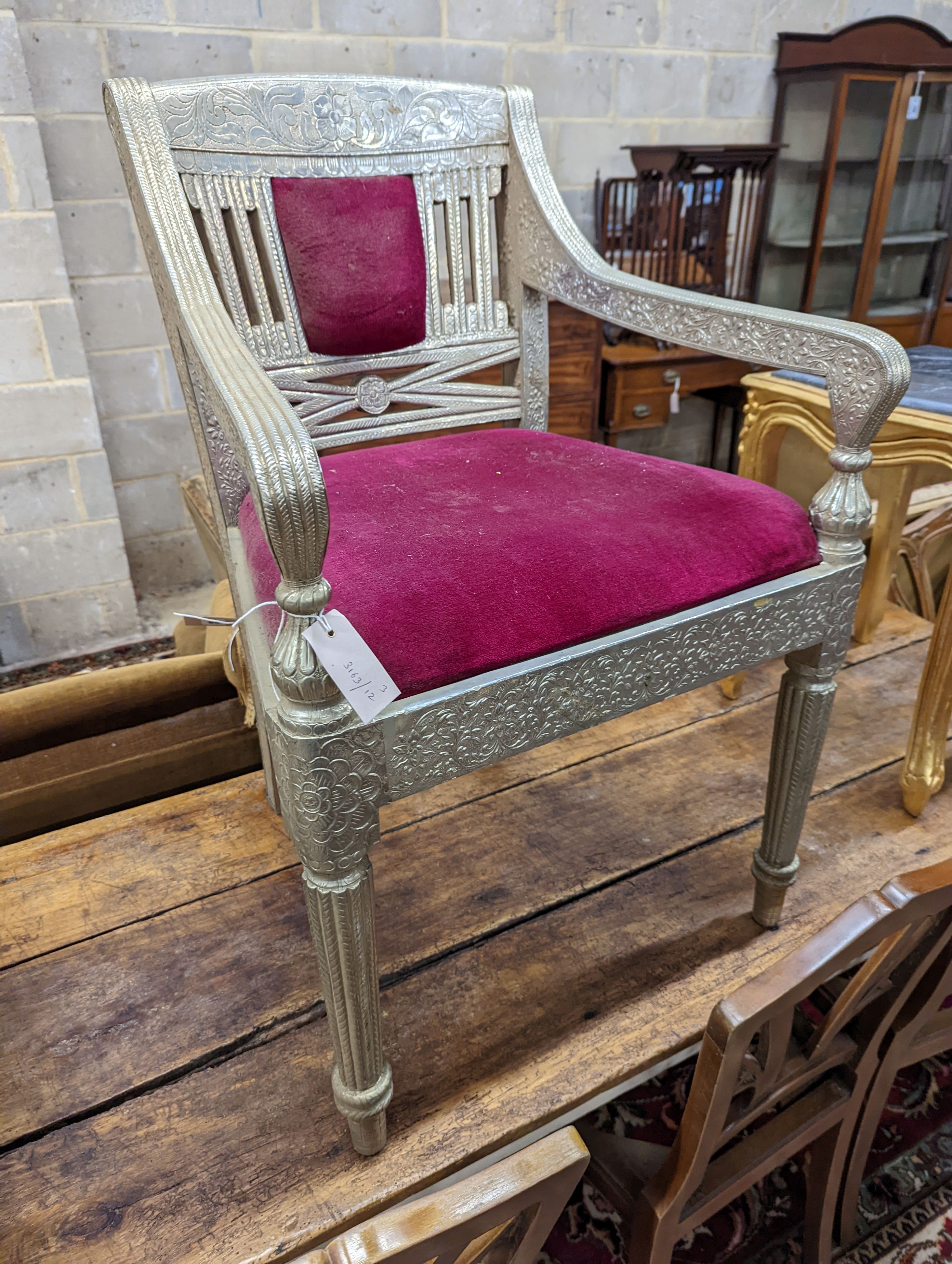 An oval gilt stool with faux zebra top, elbow chair and marble top occasional table. Chair height - 83cm.